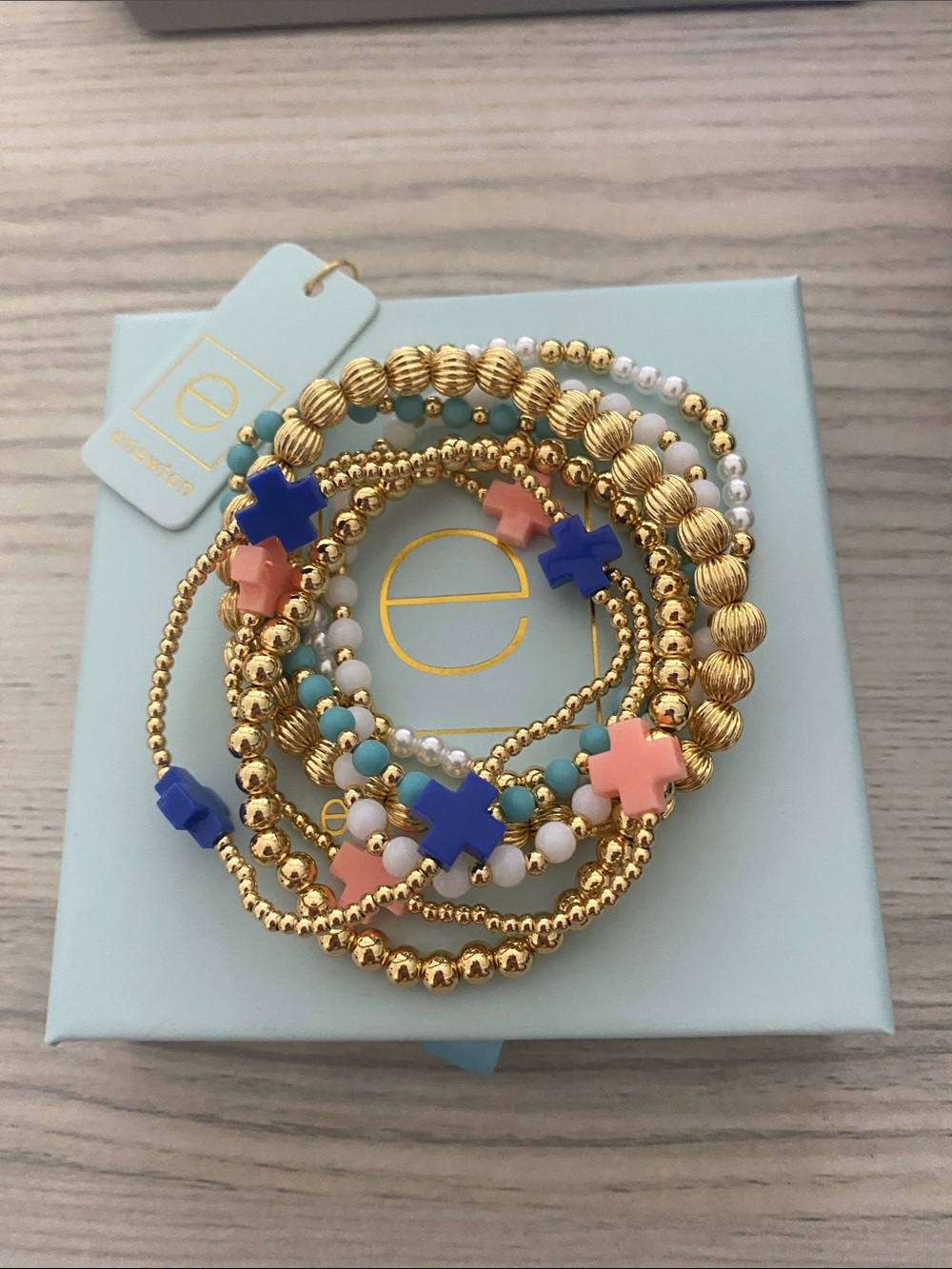 Gold Bead Bracelet Set with Blue and Pink Cross Accents